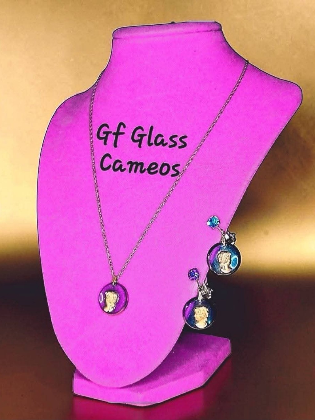 Mid-Century 1950s Gold-Filled Periwinkle Glass Cameo Necklace & Earring Set